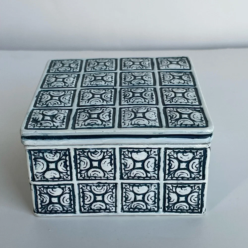 Danzine Jewelry Trinket Box Cobalt White Embossed Moroccan Design Hand Painted